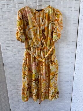Eclair XL Puff Sleeve V Neck Belted Midi Dress Floral Yellows Wedding‎ Guest